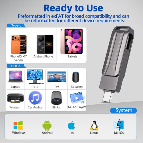 Vista 8 de Unidad flash USB de 512 GB, USB A dual y unidad de pulgar tipo C Negro