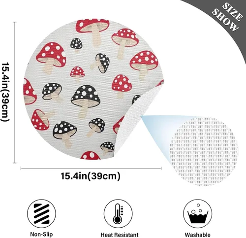 Vista 4 de Stylized Red Black Mushrooms Dinner Table Placemats, Non Slip Placemats Round Washable for Kitchen Table one sizex6