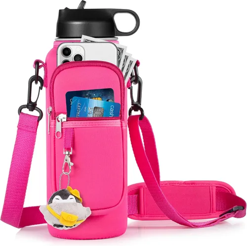 Vista 9 de RRegeny Soporte para botella de agua con correa para Hydroflask de 32 oz 40 onzas, bolsa de transporte con bolsillo para teléfono, funda para Negro