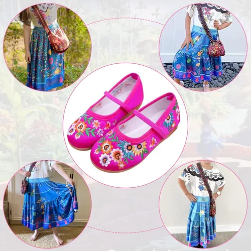 Vista 3 de Zapatos de disfraz de Encanto para niñas, Mirabel Isabela Madrigal, bordado floral, Mary Jane, zapatos planos, zapatos de vestir de princesa