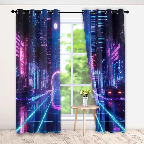 Vista 2 de Synthwave - Cortinas opacas para ventanas de cocina, cortinas de neón Cyberpunk City para decoración de dormitorio, sala de estar, cortinas retro