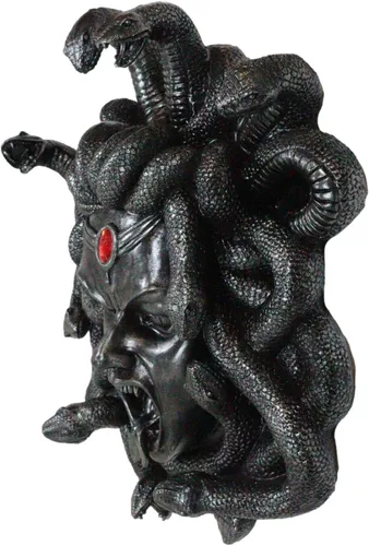 Vista 5 de Ebros Mitología griega Gorgona Diosa Medusa Cabeza con pelo de serpientes y frasco rojo de gema de sangre Decoración de pared Estatua de 16 pulgadas