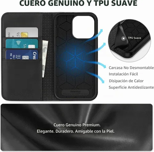 Vista 8 de SHIELDON Funda tipo cartera de piel auténtica para iPhone 13 Pro de 6.1 Negro