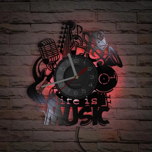 Vista 7 de Life Is Music - Reloj de pared LED de vinilo de 12 pulgadas con 7 colores que cambian silencioso, sin tictac, diseño moderno, música antigua, luz