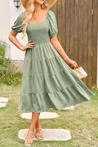 Vista 8 de PRETTYGARDEN Vestido midi casual de verano para mujer, manga abombada, lunares suizos, vestidos largos acampanados