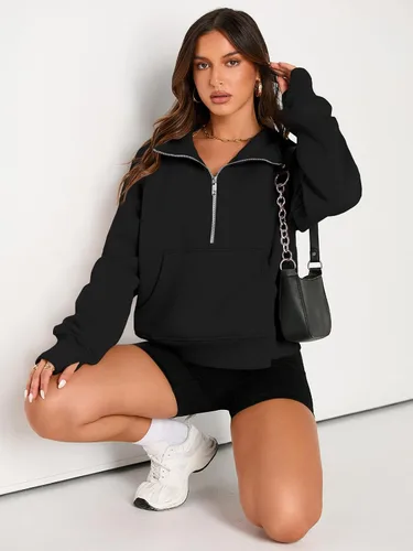 Vista 4 de AUTOMET Sudaderas con media cremallera para mujer, sudadera corta de vellón con cremallera de un cuarto, sudaderas con capucha para el otoño, a