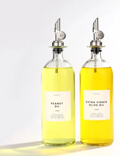 Vista 2 de Molimoli Dispensador de aceite y vinagre con boquilla de vertido de metal, dispensador de botellas de vidrio para cocina Vertedores de acero