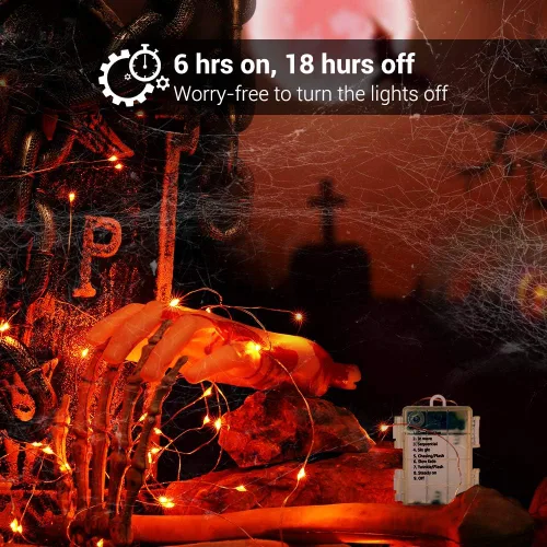 Vista 2 de BrizLabs Luces de hadas naranjas, paquete de 4 luces LED de Halloween de 19.47 pies, 60 luces LED naranjas de Halloween, 8 modos de batería, luz