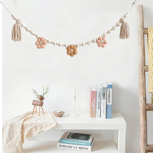 Vista 6 de 1 guirnalda de borlas bohemias con cuentas de madera, guirnalda de borlas de madera de margaritas para decoración de pared de granja, aula