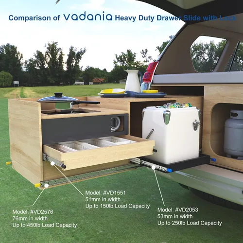 Vista 6 de VADANIA Deslizador de cajón resistente de 12" con cierre #VD1551, capacidad de carga de 150 lb, extensión completa de 3 pliegues, cierre