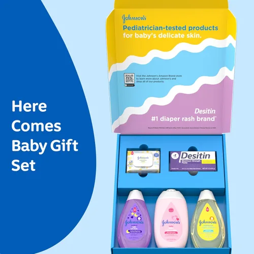 Vista 2 de Johnson's Baby Aquí Viene Bebé - Set de regalo para bebés, esenciales para nuevos padres con loción hidratante, baño relajante, gel de baño