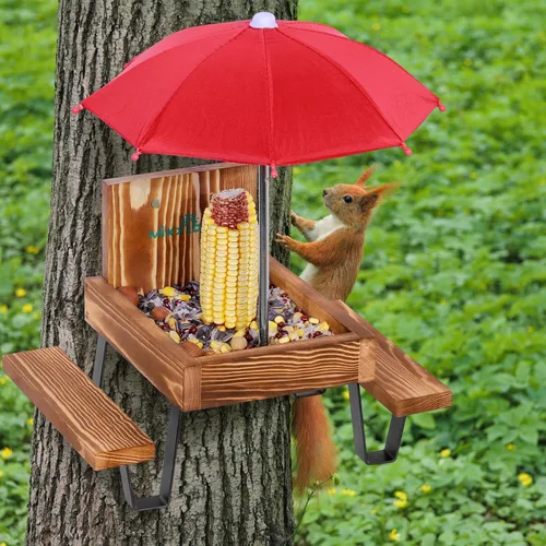 Vista 6 de MIXXIDEA Mesa de Comedero para Ardillas, Comedero de Picnic de Madera para Ardillas, Comederos para Ardillas Resistentes para Exterior