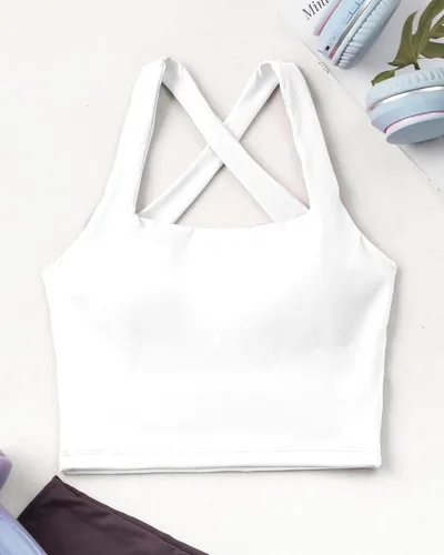 Vista 6 de AngiMelo Brasier deportivo de línea larga para mujer, cuello cuadrado, para entrenamiento, con tirantes, brasier integrado para yoga y adolescentes