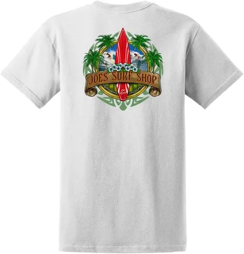 Vista 14 de Joe's Surf Shop - Camisetas de algodón pesado con gráficos en tamaño regular, grande y alto Logotipo de Longboard Ash / Sand