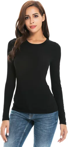 Vista 2 de Camiseta de manga larga para mujer, cuello redondo, rayón, ajustada, elástica, para mujer