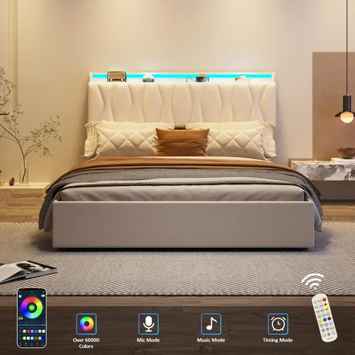 Vista 7 de Fameill - Base de cama tamaño matrimonial con plataforma de almacenamiento abatible, cabecero con altura ajustable y estación de carga, cama