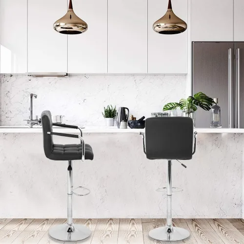 Vista 5 de Juego de 2 taburetes de bar con reposabrazos, taburetes de bar giratorios de altura ajustable con respaldo de piel sintética, silla de comedor alta