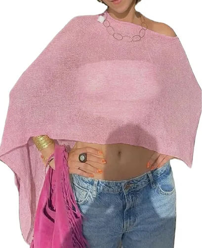 Vista 16 de Amiblvowa Poncho transparente para mujer, poncho de punto Y2K Negro