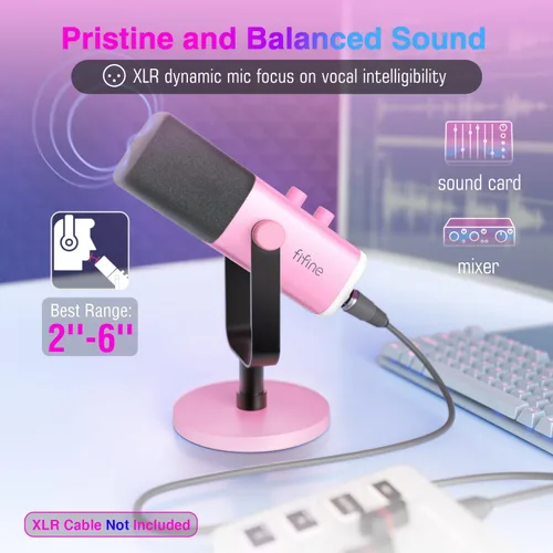 Vista 2 de FIFINE - Micrófono XLR/USB de PC para grabación de juegos con conector para auriculares, botón de silencio, RGB dinámico, de transmisión para Rosa
