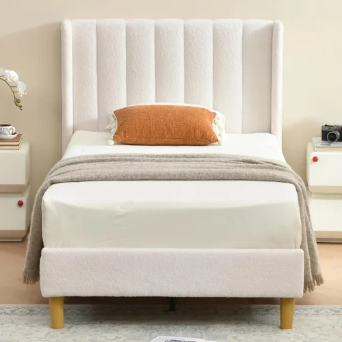 Vista 23 de Marco de cama tapizado de terciopelo individual con cabecera con respaldo de ala, color crema Cama de plataforma capitoné de canal vertical