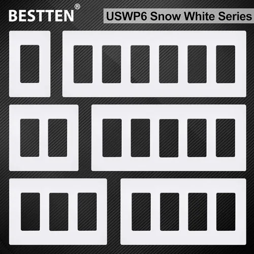 Vista 7 de BESTTEN Placa de pared sin tornillos de 5 segmentos, cubierta de enchufe decorador, placa decorativa para interruptor, serie blanca nieve brillante