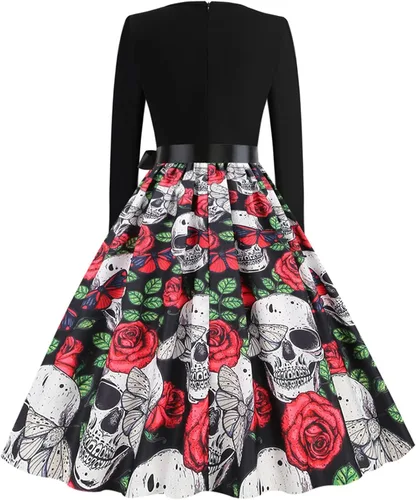 Vista 4 de Vestido de Halloween para mujer casual con cuello en V con cremallera manga larga con panel