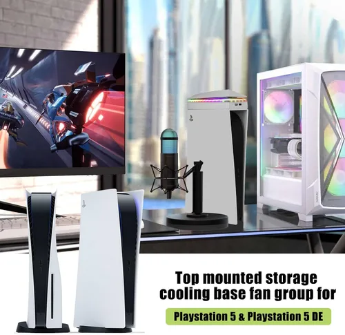 Vista 7 de Console Cooling Fan with Dust Cover Colorful LED Light for PS5 Console Disc Edition & Digital Edition Silent Absorb Fan Cooler with 2 USB Port