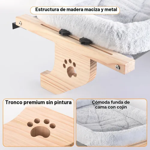Vista 6 de AMOSIJOY Percha de Ventana para Gatos Sillón de Hamaca Robusto con Funda de Almohadón, Marco de Madera y Metal para Gatos Grandes, Cama de Gato Gris