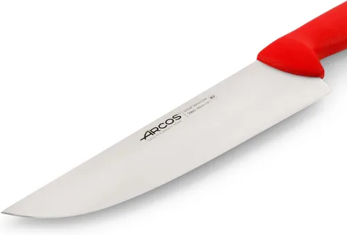 Vista 4 de Arcos Cuchillo de carnicero de acero inoxidable de 9 pulgadas. Cuchillo de cocina profesional para cortar carne, pescado y verduras. Mango Rojo