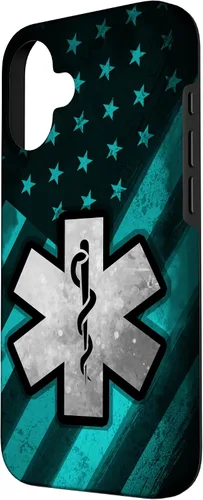 Vista 2 de Funda para iPhone 16 EMT EMS Paramédico Azul Turquesa USA Bandera Americana