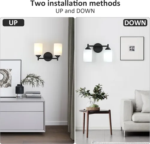 Vista 4 de Lámpara de baño negra mate, 2 luces para tocador de baño con pantalla de vidrio esmerilado blanco, modernos apliques de pared para dormitorio