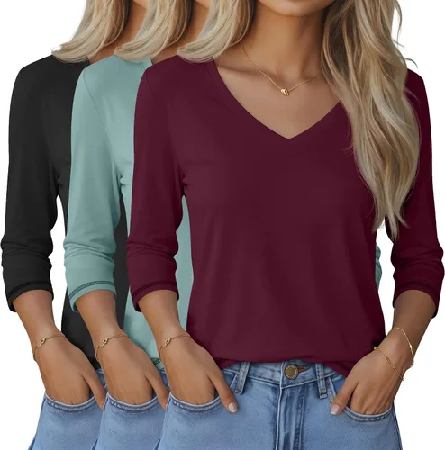 Vista 35 de Ficerd Paquete de 3 camisetas de manga 3/4 para mujer, cuello en V, blusas holgadas, blusas casuales, ropa de moda 2026