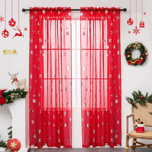 Vista 12 de Cortinas traslúcidas de Navidad para sala de estar, cortinas transparentes con estampado de copos de nieve de lujo, cortinas con bolsillo