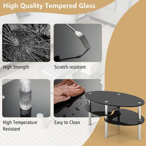 Vista 7 de Giantex Mesa de centro ovalada de vidrio templado transparente de 3 niveles con patas cromadas resistentes, mesa auxiliar de sofá pequeña, mesa