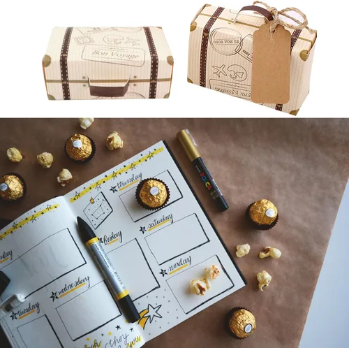 Vista 8 de Faylapa 50pcs Maleta Favores Cajas Vintage Tema de Viaje Cajas de Caramelos