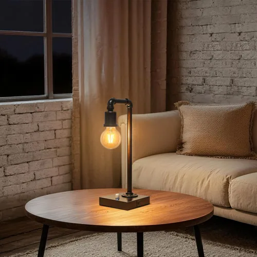 Vista 7 de Lámpara de mesa industrial para dormitorio, lámpara de noche completamente regulable con puertos USB C+A, lámpara vintage con diseño de tubo