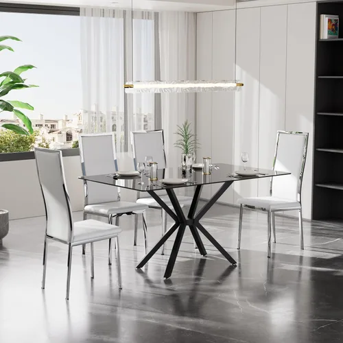 Vista 17 de Juego de 4 mesas de comedor de cristal negro, mesa de cocina minimalista moderna de 47 pulgadas con 4 sillas de comedor clásicas negras y plateadas