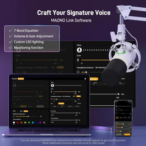 Vista 4 de MAONO Kit de micrófono dinámico XLR/USB, micrófono de podcast RGB con software, silencio, perilla de ganancia, control de volumen, brazo de brazo
