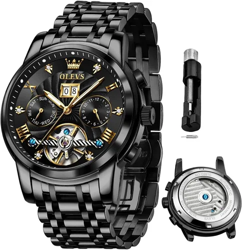 Vista 21 de OLEVS Reloj de pulsera automático con diseño de esqueleto para hombre, de lujo, con diamantes de lujo, de acero inoxidable, calendario, reloj