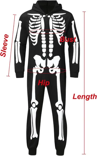 Vista 6 de Conjunto de Halloween familiar a juego de una pieza para cosplay, disfraz acogedor estampado de esqueleto con cremallera y capucha