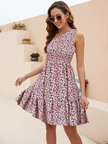 Vista 3 de Naggoo Vestido de verano floral 2023 para mujer, con un hombro, vestido de verano bohemio con volantes, acampanado, mini vestidos