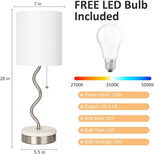 Vista 3 de Lámpara de Mesa con Base de Mármol - Lámpara de Mesita de Noche Moderna con Puerto USB y Cadena de Tracción, Lámpara para Dormitorio, Sala de Estar