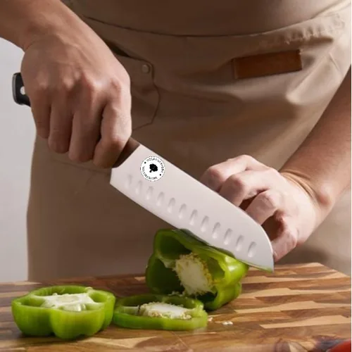Vista 6 de Cuchillo de cocina Santoku de 7 pulgadas, cuchillo de chef japonés ultra afilado con mango de madera ergonómico, cuchillo de cocina profesional