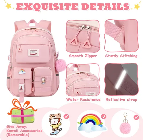 Vista 5 de Mochila Kawaii para niñas, mochila para escuela, bonita mochila con múltiples bolsillos, mochila de moda para escuela primaria y secundaria, Rosado