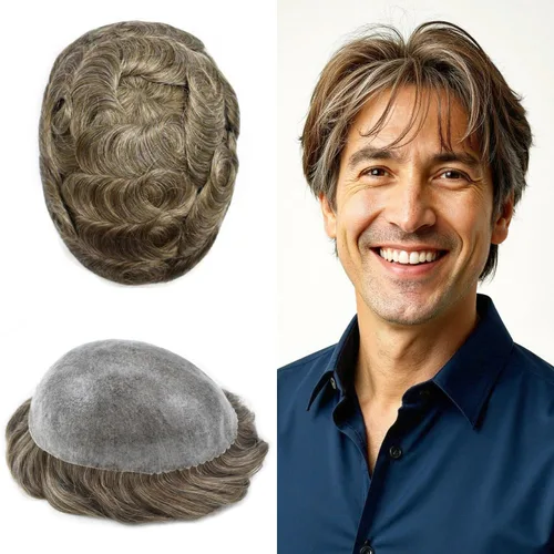 Vista 489 de Toupee para hombre 100% cabello humano real tupé para hombres 0.004 in piel de poliuretano para hombre, sistema de reemplazo de piezas de pelo
