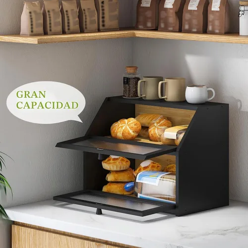 Vista 6 de BMOSU Panera grande de doble capa para encimera de cocina, almacenamiento de madera de bambú (negro)