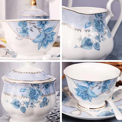 Vista 2 de fanquare Juego de té de porcelana con flores azules, juego de taza de té y platillo para 6, juego de té de boda con jarra de crema, juego de café