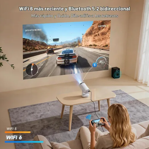 Vista 4 de SGV Mini proyector inteligente para dormitorio, soporte 4K, proyector portátil para exteriores con Android 12, WiFi y Bluetooth 5.2, Keystone