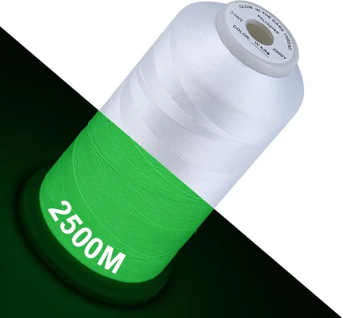Vista 9 de Simthread Hilo que brilla en la oscuridad 30WT 2500 yardas blanco Emisión de luz azul para bordar y coser