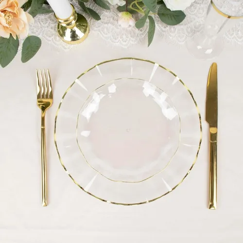 Vista 189 de Tableclothsfactory Paquete de 10 platos redondos de plástico negro de 6 pulgadas para ensalada de postre, platos desechables con borde ondulado